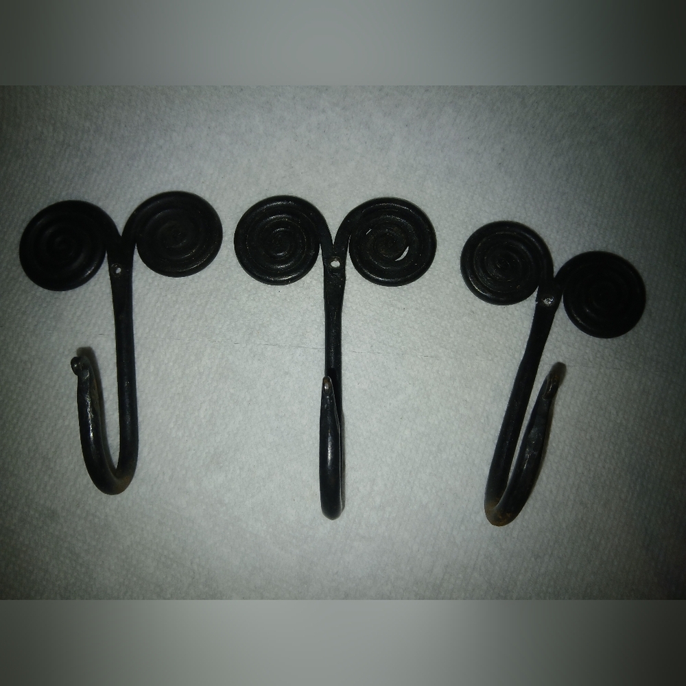 3 Antique Handmade Blacksmith Steel Spiral Hooks.